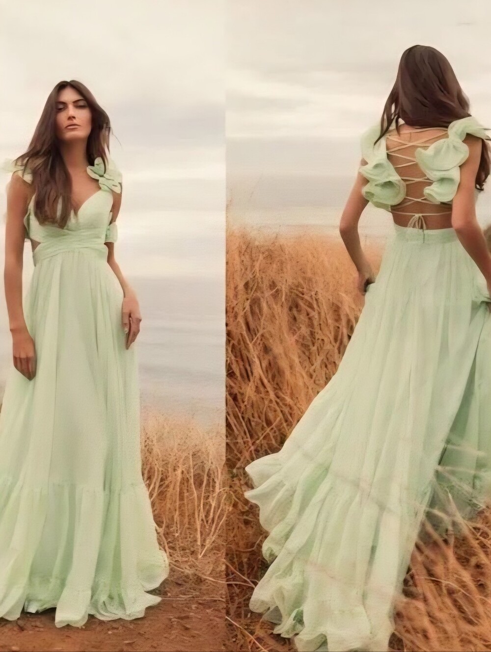 NWT | Mac Duggal 67911 Iconic Chiffon Ruffle Gown In Mint Green Size 10